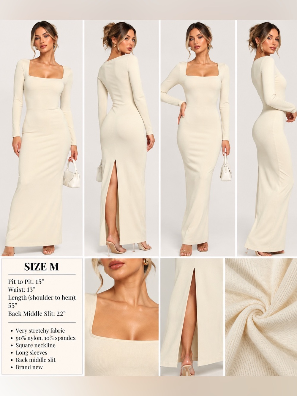 OQQ Ivory Square Neck Long Sleeve Bodycon Maxi Dress Size M